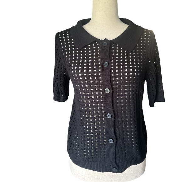 By Design Black Crochet Open-Knit Button-Up Short Sleeve Top Cardigan Spring  L - Picture 2 of 6